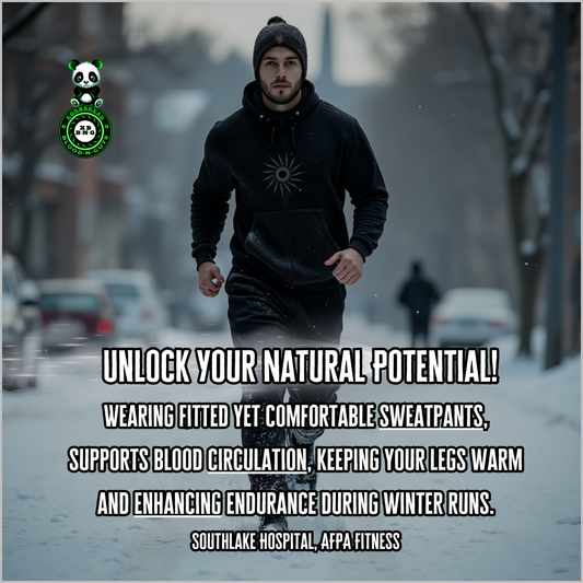 Wearing fitted yet comfortable sweatpants, supports blood circulation, keeping your legs warm and enhancing endurance during winter runs. (Southlake Hospital, AFPA Fitness)