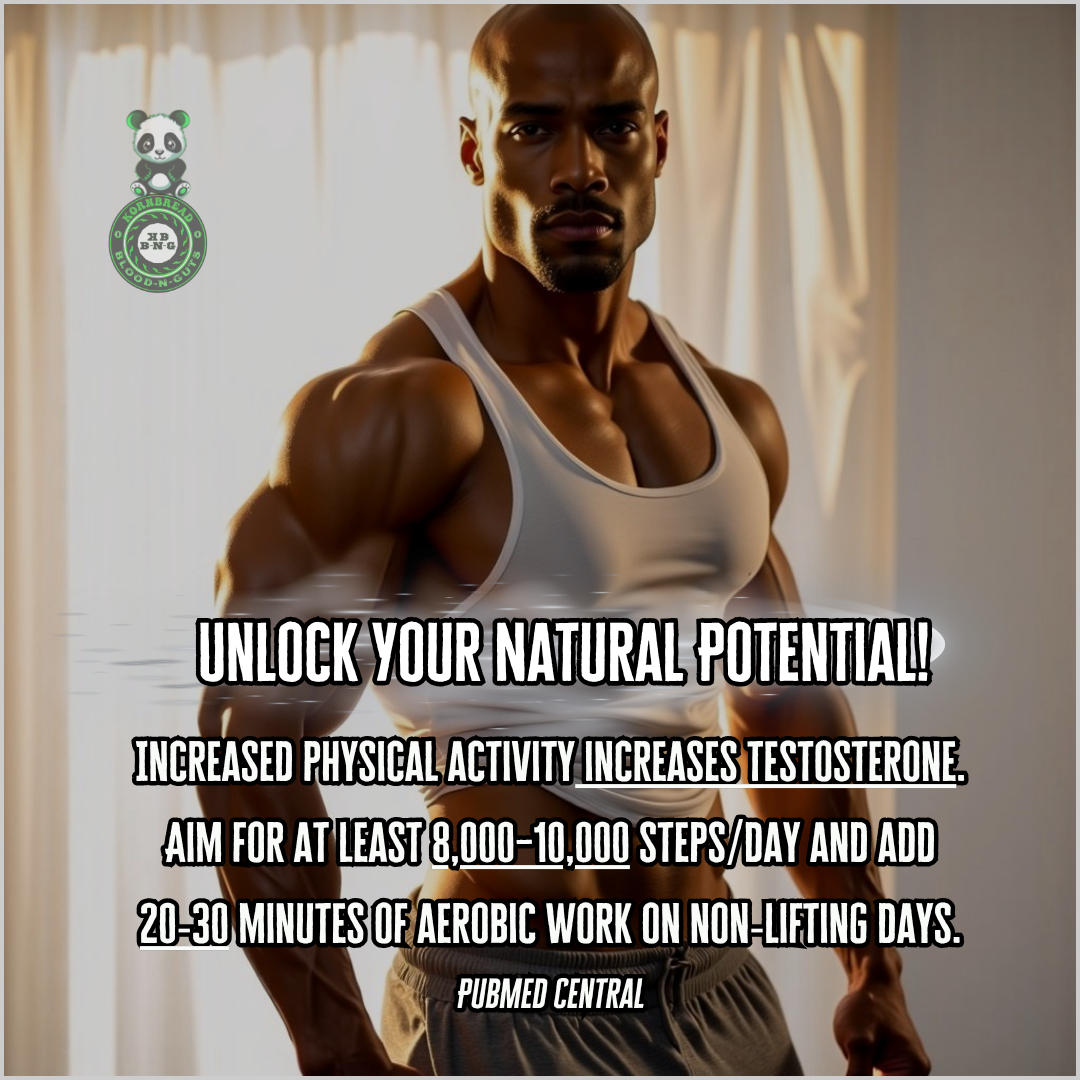 Increased physical activity increases testosterone. Aim for 8,000-10,000 steps/day and add 20-30 minutes of aerobic work on non-lifting days. PubMed Central
