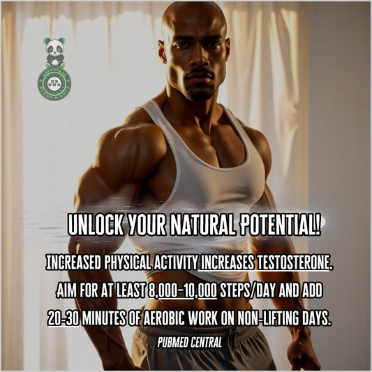 Increased physical activity increases testosterone. Aim for 8,000-10,000 steps/day and add 20-30 minutes of aerobic work on non-lifting days. PubMed Central