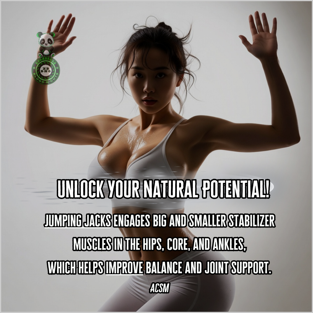 Jumping jacks engages big and smaller stabilizer muscles in the hips, core, and ankles, which helps improve balance and joint support. ACSM