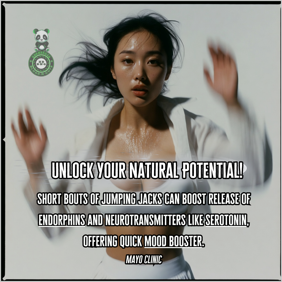 Short bouts of jumping jacks can boost release of endorphins and neurotransmitters like serotonin, offering quick mood booster. Mayo Clinic