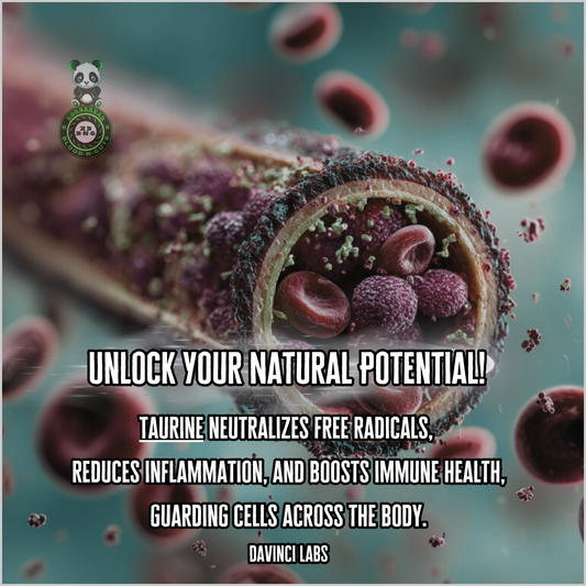 Taurine neutralizes free radicals, reduces inflammation, and boost immune health, guarding cells across the body. Davinci Labs