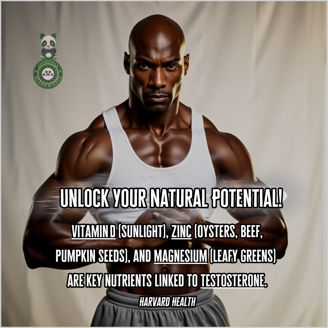Vitamin D (Sunlight), Zinc (Oysters, Beef, Pumpkin Seeds), and Magnesium (Leafy Greens) are key nutrients linked to testosterone. Harvard Health