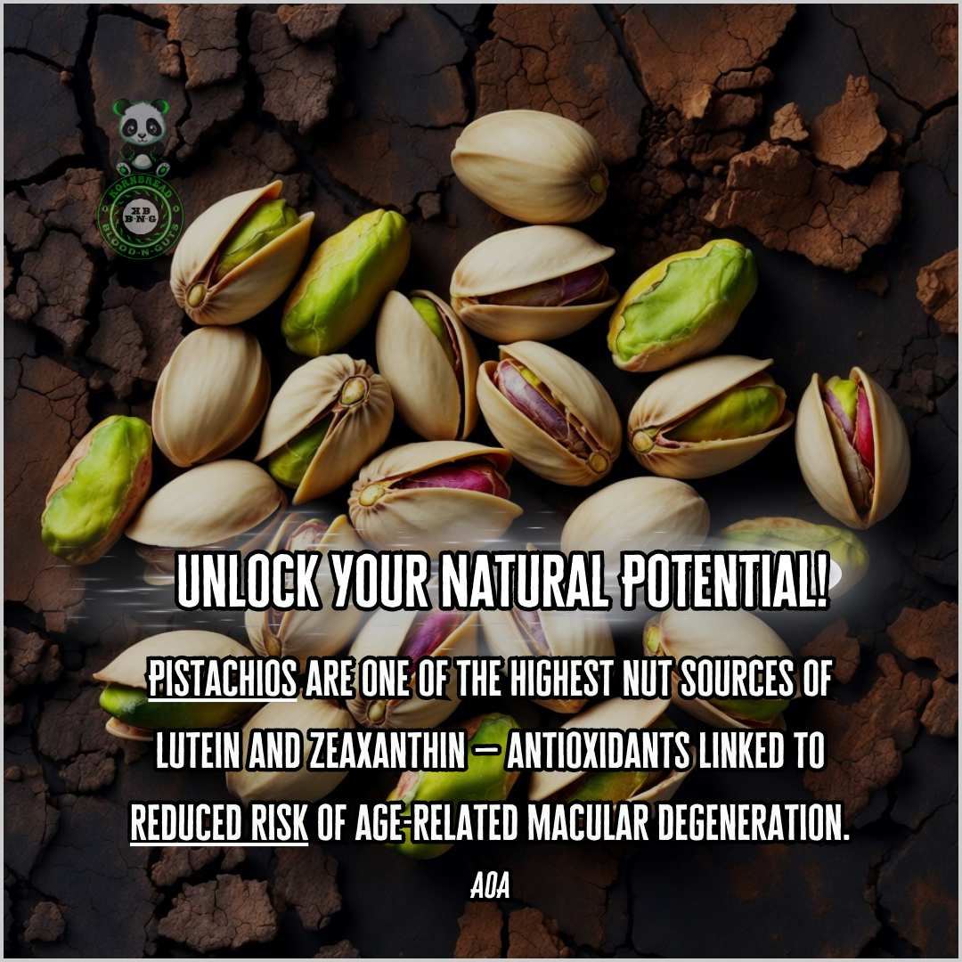Pistachios are one of the highest nut sources of Lutein and Zeaxanthin; antioxidants linked to reduced risk of age-related macular degeneration. AOA