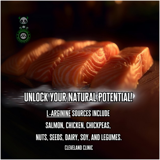L-Arginine sources include salmon, chicken, chickpea, nuts, seeds, dairy, soy, and legumes. Cleveland Clinics