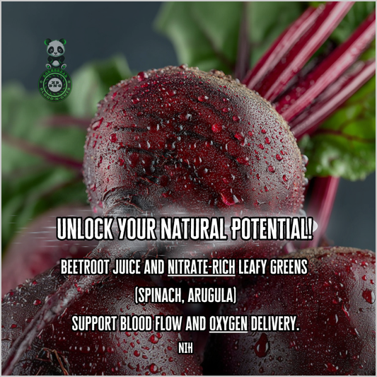 Beetroot juice and nitrate-rich leafy greens (spinach, arugula) support blood flow and oxygen delivery. NIH