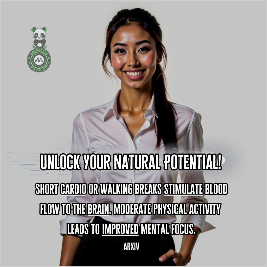 Short cardio or walking breaks stimulate blood flow to the brain. Moderate physical activity leads to improved mental focus. ArXiv