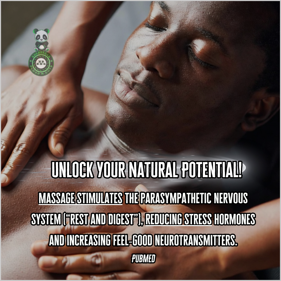 Massage stimulates the parasympathetic nervous system ("Rest & Digest"), reducing stress hormones and increasing feel-good neurotransmitters. PubMED