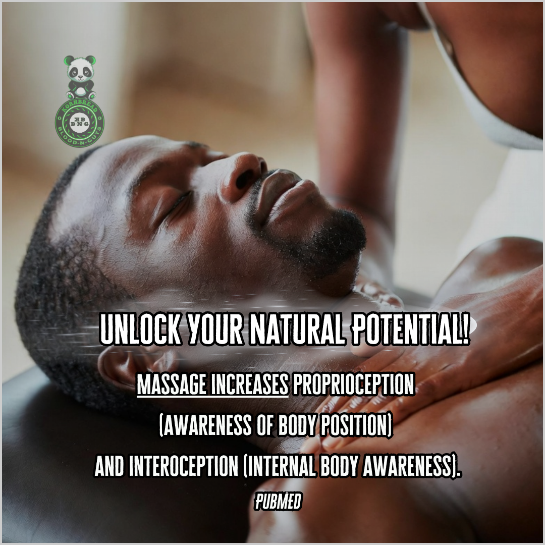 Massage increases proprioception (awareness of body position) and interoception (internal body awareness). PubMED