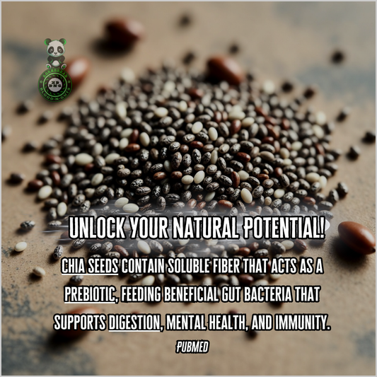 Chia seeds contain soluble fiber that acts as a prebiotic, feeding beneficial gut bacteria that supports digestion, mental health, and immunity. PubMED