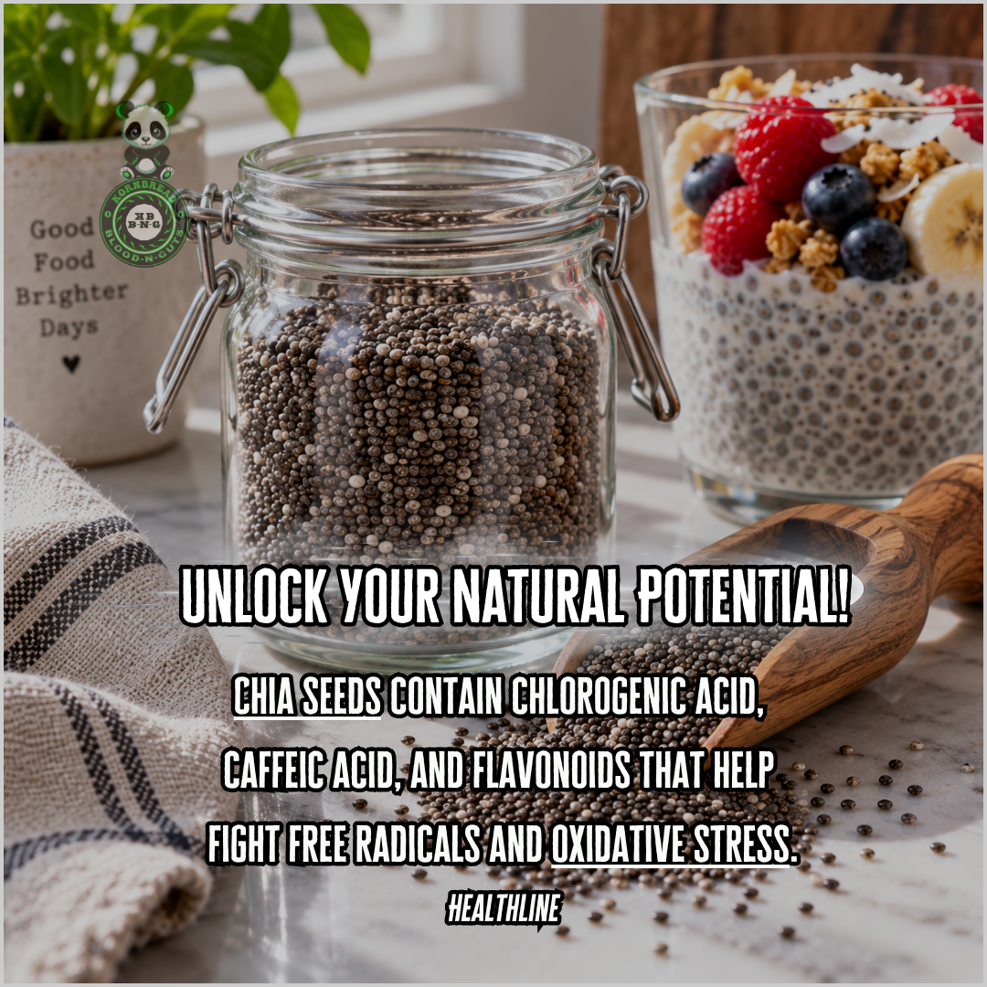 Chia seeds contain chlorogenic acid, caffeic acid, and flavonoids that help fight free radicals and oxidative stress. Healthline