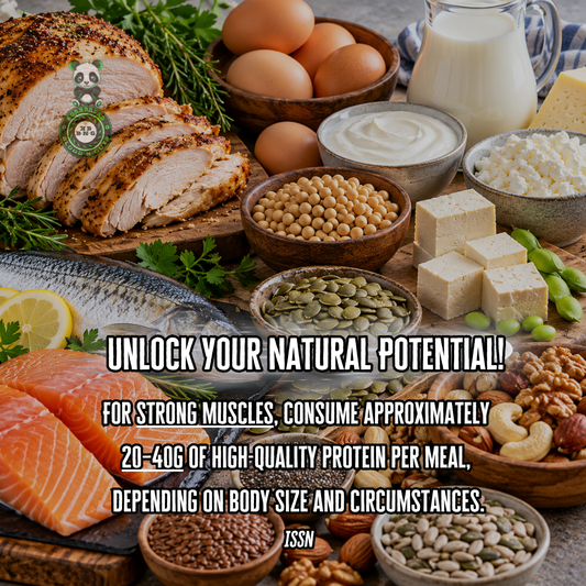 For strong muscles, consume approximately 20-40G of high quality protein per meal, depending on body size and circumstances. ISSN