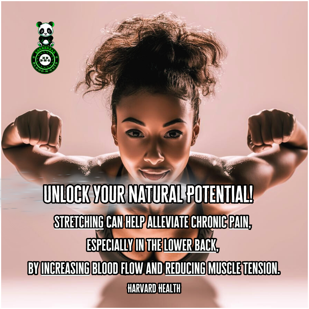 Stretching can help alleviate chronic pain, especially in the lower back, by increasing blood flow and reducing muscle tension. (Harvard Health)