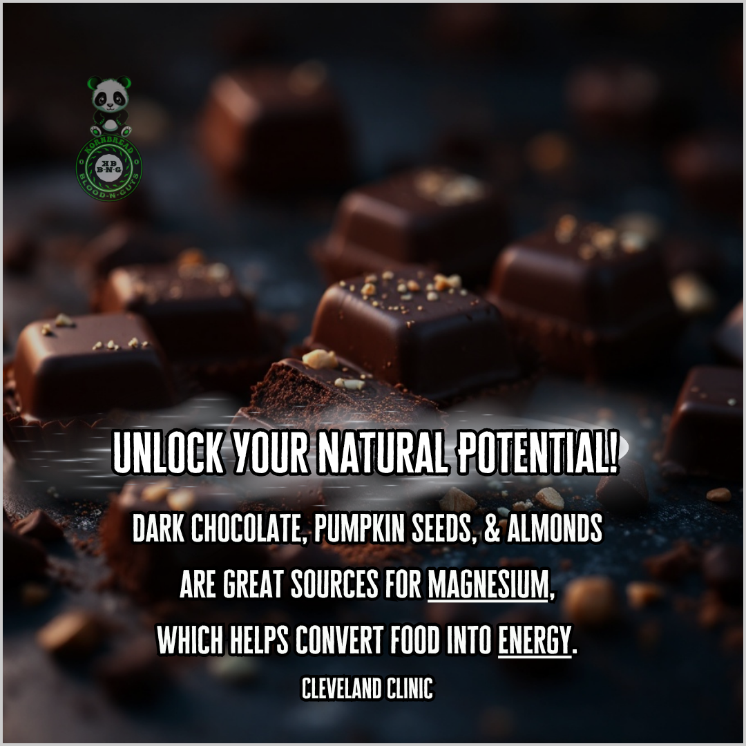 Dark chocolate, pumpkin seeds, & almonds are great sources for magnesium, which helps convert food into energy. Cleveland Clinic