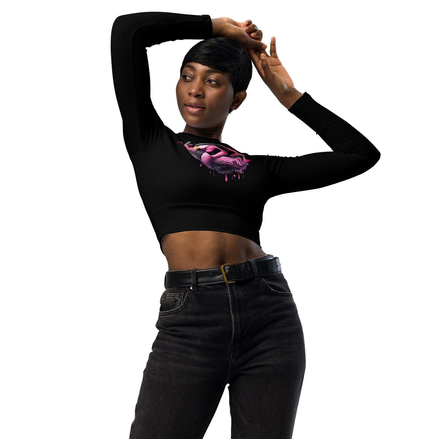 Fierce Flamingo Long-Sleeve Crop Top
