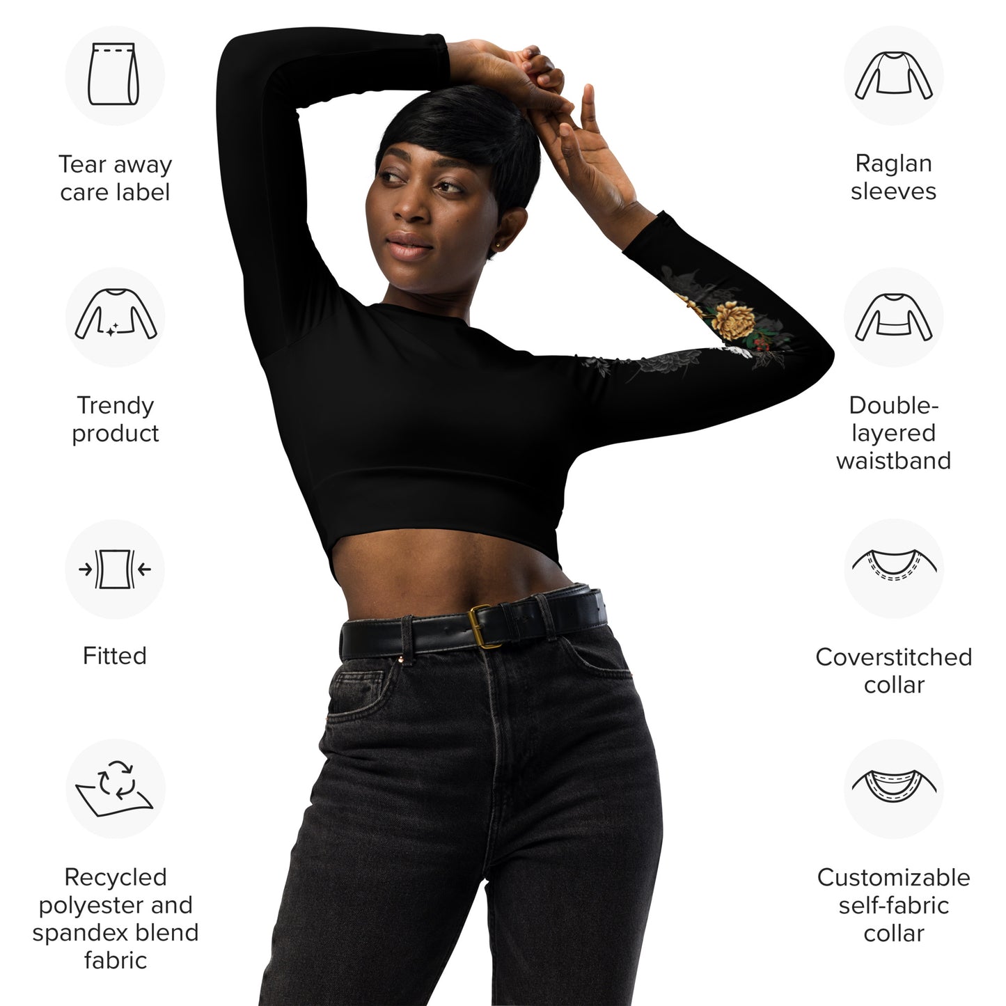 Flowered Long-Sleeve Crop Top