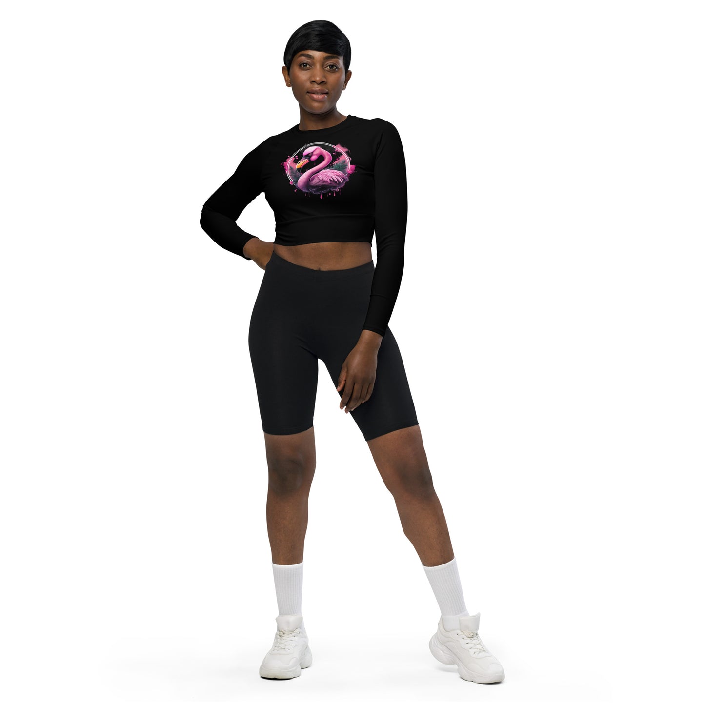 Fierce Flamingo Long-Sleeve Crop Top