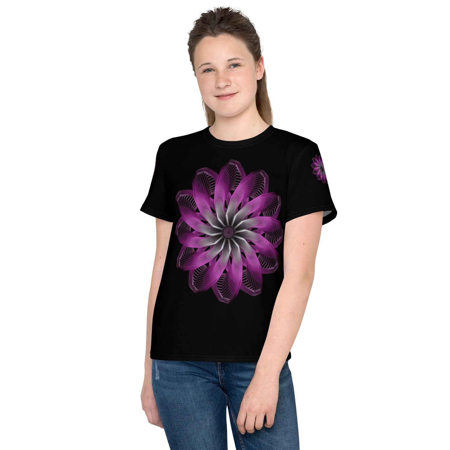 Pink Burst Youth Crew Neck T-Shirt (Black)