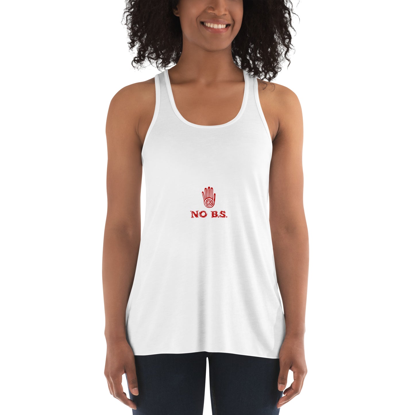 "No B.S." Women's Flowy Racerback Tank (White)