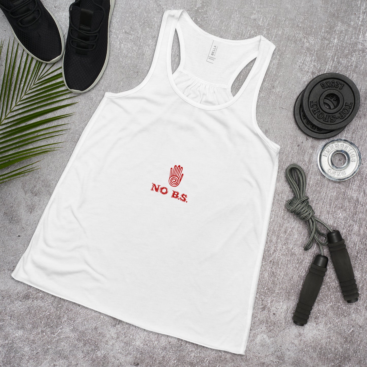 "No B.S." Women's Flowy Racerback Tank (White)